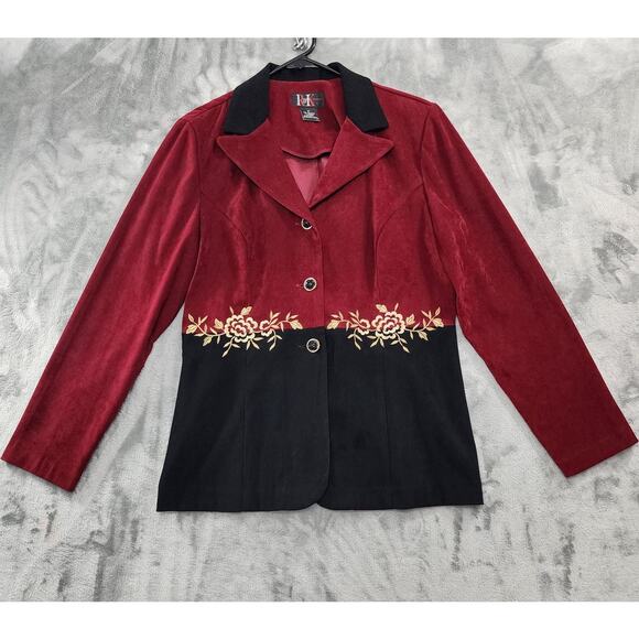 Vintage R&K Originals Embroidered Sueded Jacket Pant Suit Size 12 Red Black Gold - Picture 2 of 16
